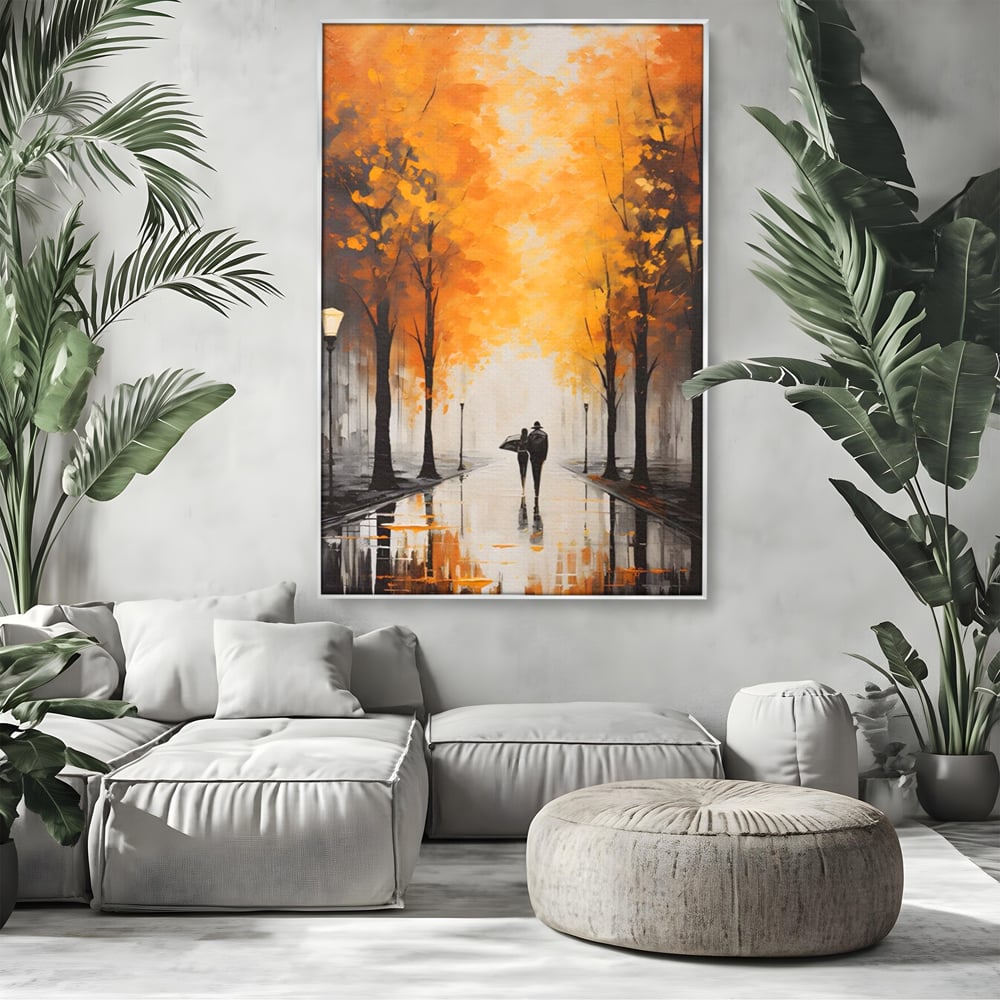 Tablou canvas cu tablou canvas cuplu sub umbrela, in rama de aluminiu argintiu, pe perete intr-un living